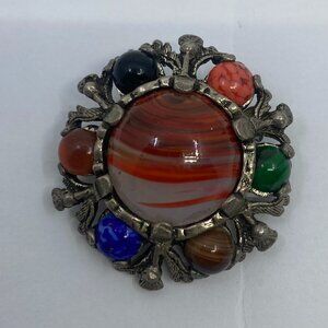 Vtg Miracle signed faux agate glass celtic United Kingdom brooch